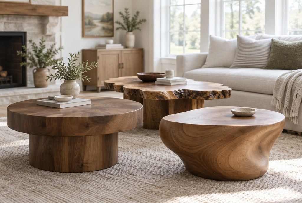 Three solid wood coffee tables, round, live-edge and sculpted, in a bright farmhouse living room