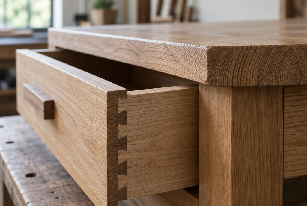 Close-up of a solid wood drawer with joinery details and a thick tabletop edge showing end grain on a workbench