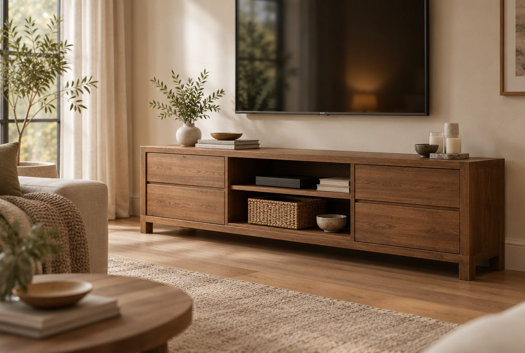 A solid wood TV console with drawers and open shelves under a wall-mounted television in a warm living room