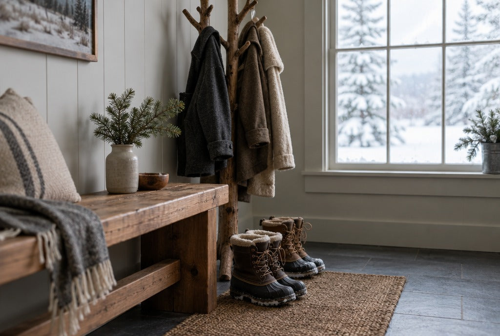 A farmhouse mudroom in winter with a solid wood bench, a tree-branch coat rack with wool coats, snow boots on a mat and a window showing snow