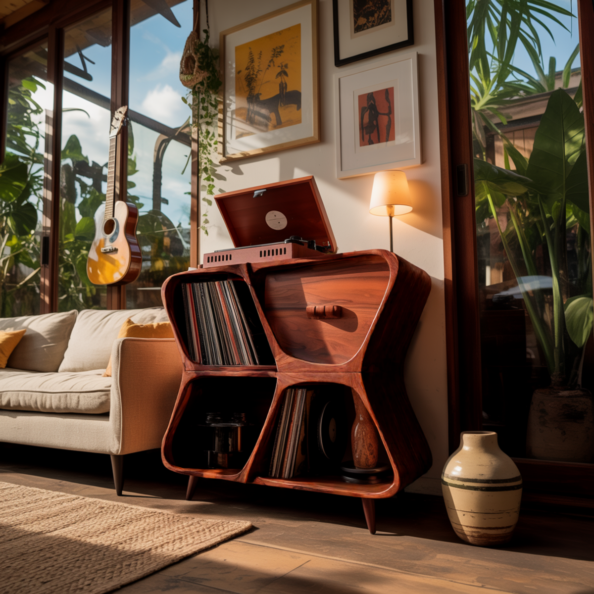 Harmona Sculpted Solid Wood Record Player Stand With Storage