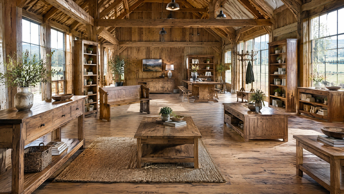 Inside a barn-style furniture hall with newly built heritage-style solid wood pieces