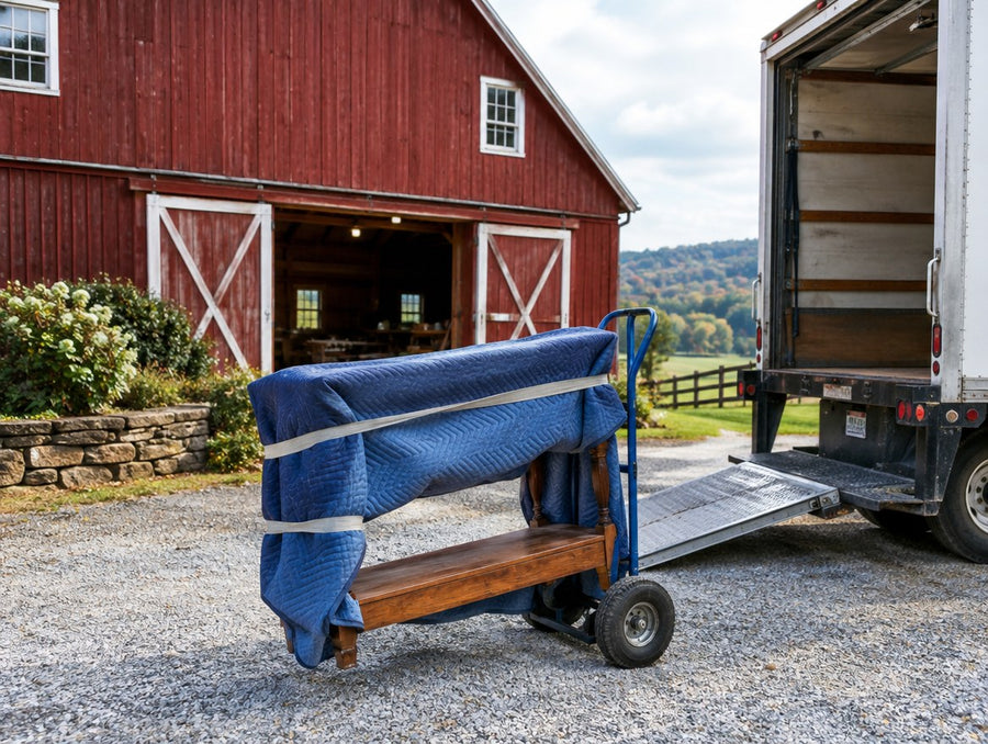 A blanket-wrapped solid wood console on a hand truck beside a box truck at a Pennsylvania barn