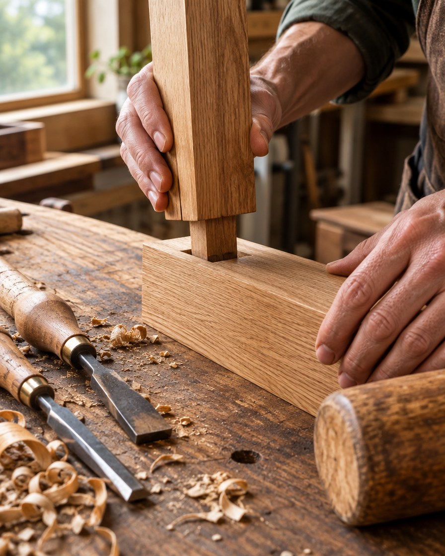 Hands fitting a wooden joint together at a workbench