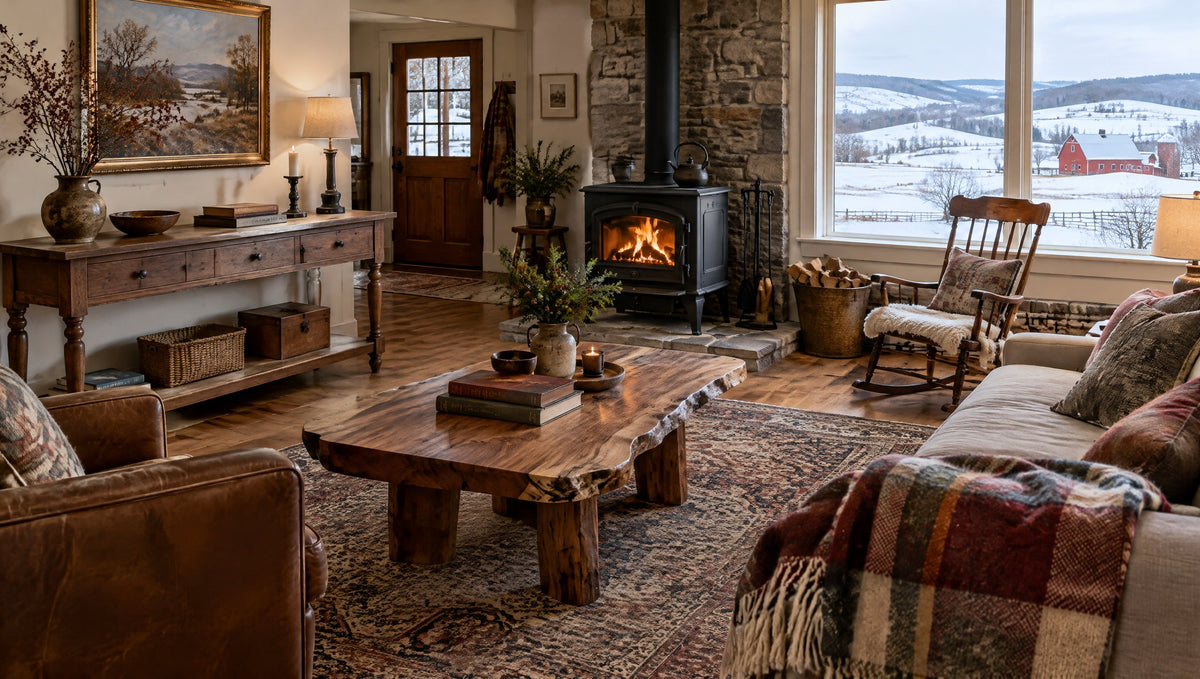 A Pennsylvania farmhouse living room with a heritage-style solid wood console and live-edge coffee table