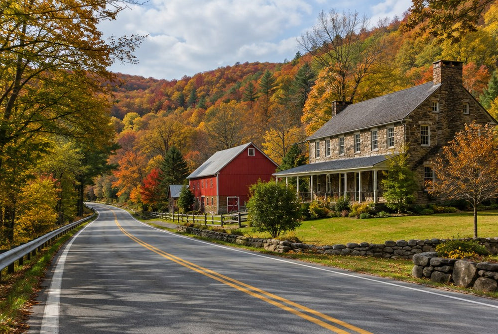 A country highway through the wooded hills of western Pennsylvania in autumn